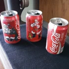 3 Empty Vtg Coca Cola Classic Christmas 12oz Tin Cans 2 W/Santa &Tree + 1 w/ Dog