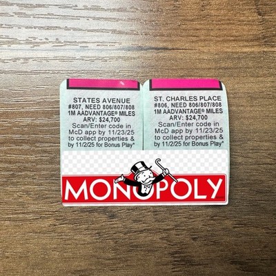 2025 McDonald's Monopoly St Charles Place And States Avenue