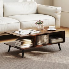 2-tier Coffee Table with 2 Open Shelves and Heavy-duty Metal Frame-Rustic Brown