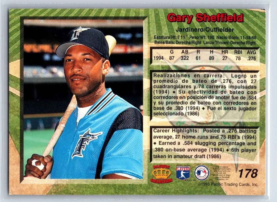 1995 Pacific Gary Sheffield Florida Marlins #178 - Image 2 of 2