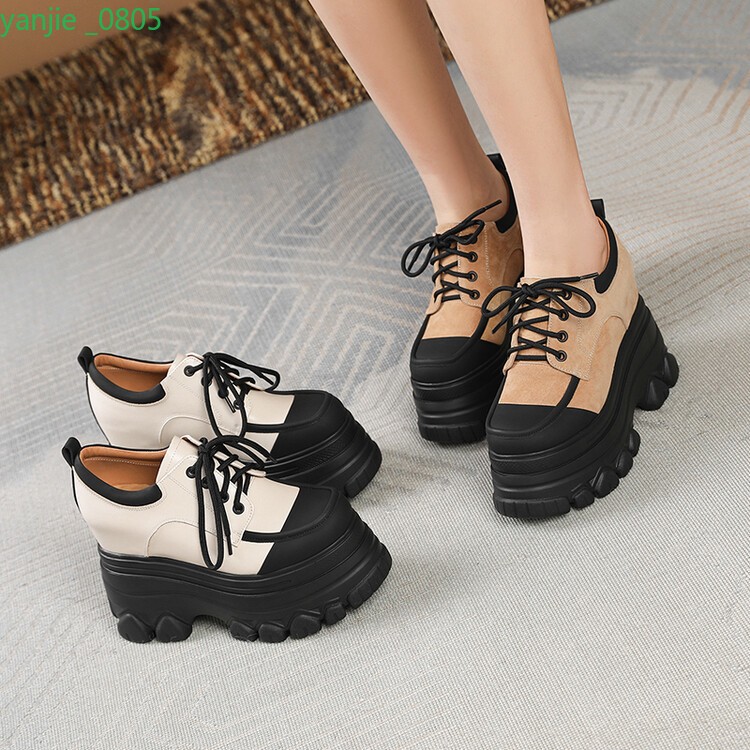 Matching Women's Leather Casual Shoes Lace Up Round Toe Block Heel Fashion Chic