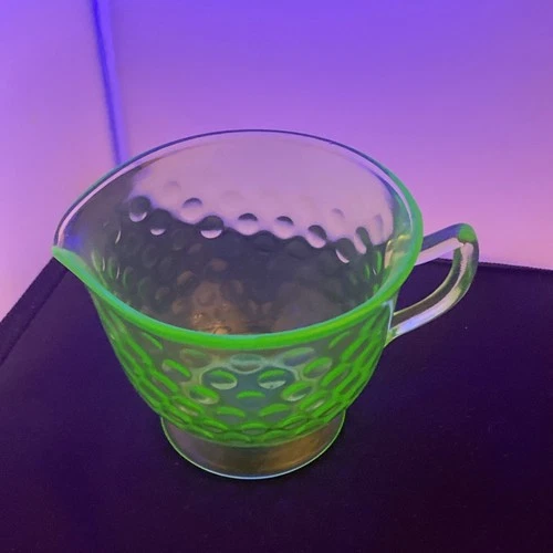 Vintage Federal Uranium Raindrops Pattern Green Glass Creamer Vaseline