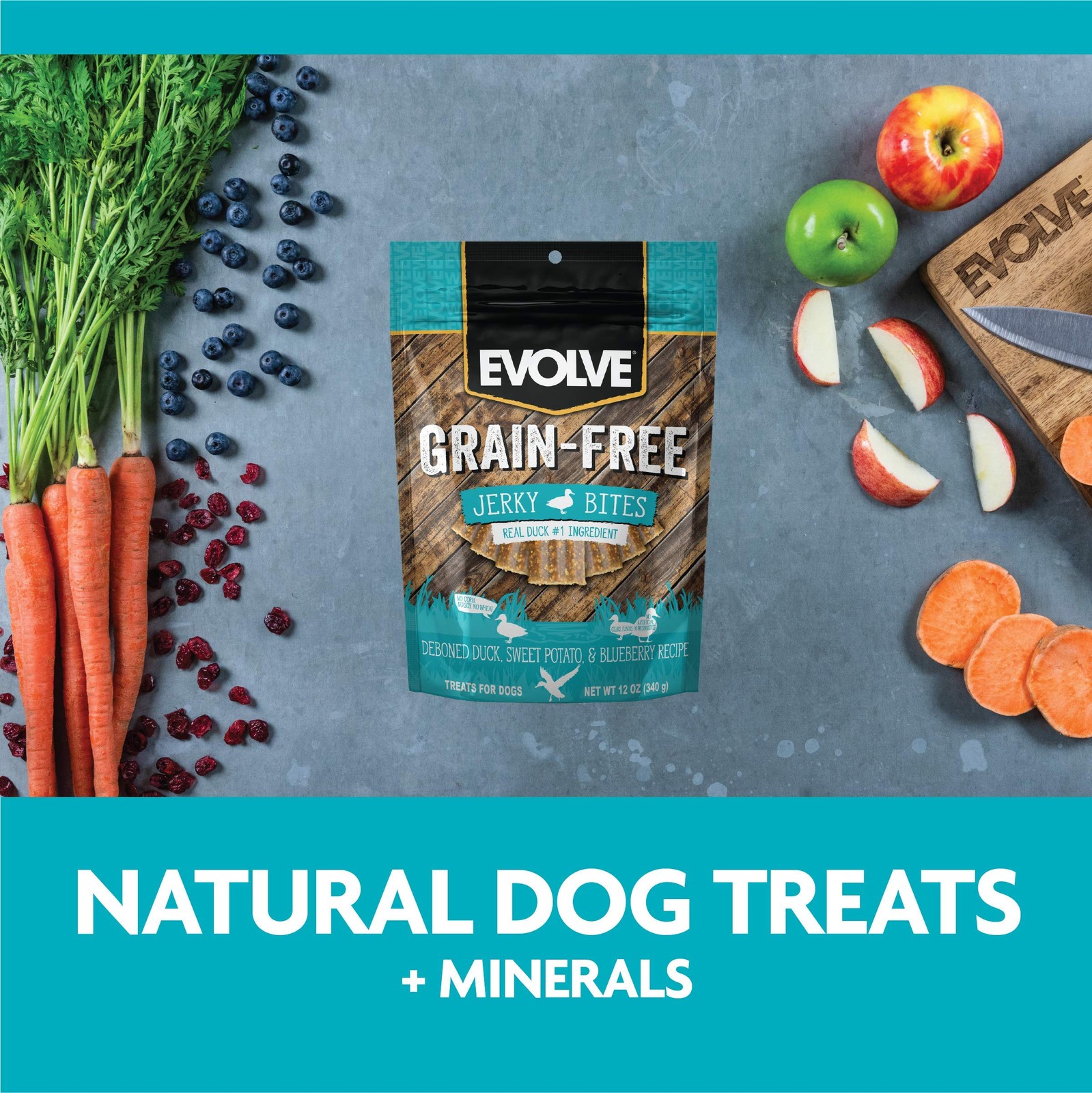 Evolve Grain Free Deboned Duck Blueberry Jerky Bites for Dogs 12 Ounce