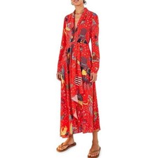 FARM Rio Carnival Maxi Dress Red M Faux Wrap Tropical Resort Wearable Art NWT