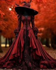 Black Red Victorian Evening Dress Long Sleeve Vampire Gothic Corset Dress