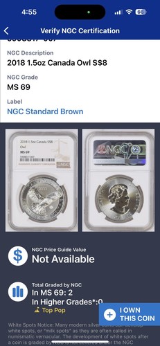 2018 Canada $8 1.5oz Owl .999 Fine Silver Bullion Coin NGC MS69 - Picture 4 of 4