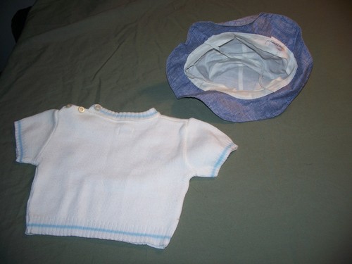Camisa de punto Nannekins para niños de 2 piezas y sombrero de algodón azul 12 meses Juego vintage - Imagen 2 de 3