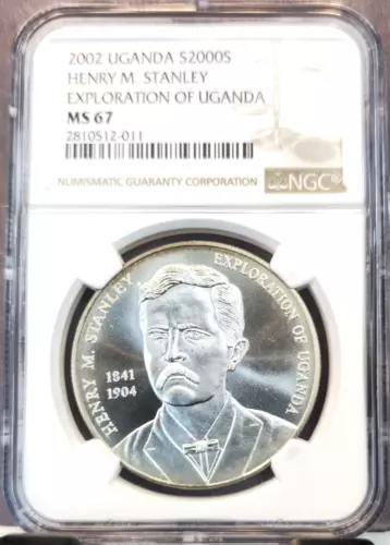 2002 UGANDA SILVER 2000 SHILLINGS HENRY M. STANLEY NGC MS 67 SCARCE GEM BU