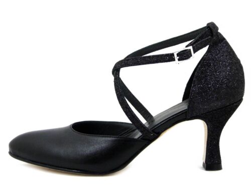 Scarpe Donna Ballo/Cerimonia Pelle e Glitter Nero Tacco Medio 7 cm MADE IN ITALY - Photo 1/5