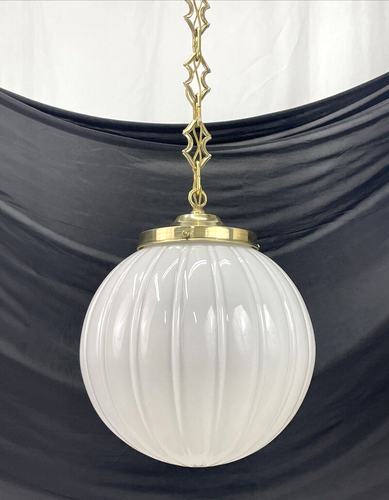 RESTORED Antique Vtg LARGE Art Deco Ribbed Glass Pendant Light Chandelier 1920s - Picture 3 of 23