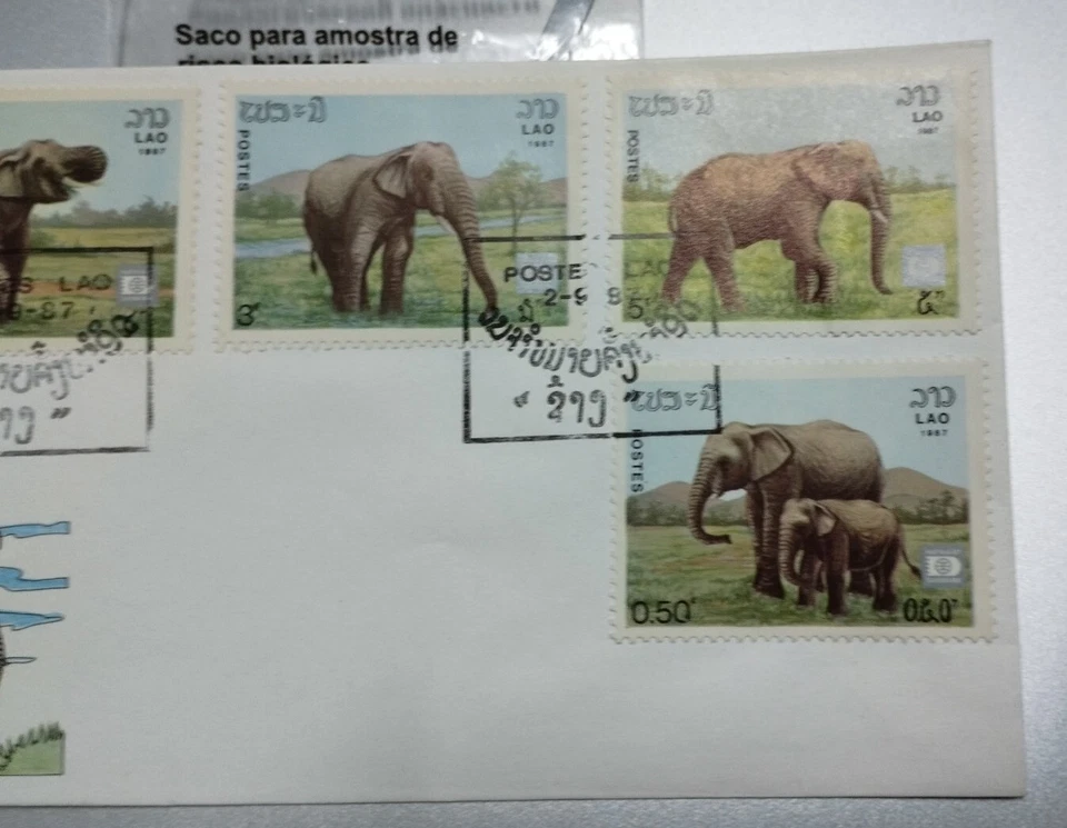 1987 Lao Laos Wildlife Elephant Gajah Stamp FDC - Image 3 of 4
