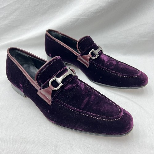 SALVATORE FERRAGAMO BEET PURPLE VELVET LEATHER TRIM HORSE BIT LOAFERS MENS 9 D - Picture 1 of 13