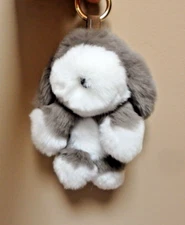 Large Fluffy Puppy Dog Real Rex Soft Rabbit Fur Key Chain Bag Charm Grey/White