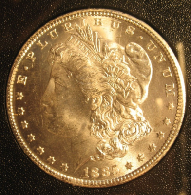 Morgan Silver Dollar 1885 CC; ANACS 63; VAM 2A; GSA Unc; PL coin