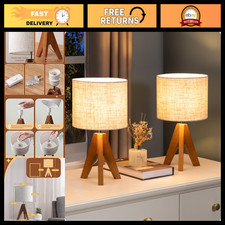 Wooden Tripod Small Table Lamps - 14.2" Nightstand Lighting, Set of 2