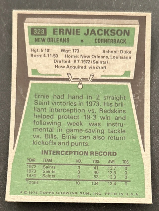 1975 Topps Ernie Jackson Football Card #323 Saints Cornerback FR O/C - Image 2 of 2