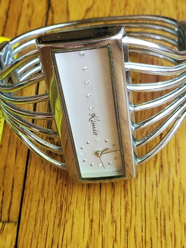 Vintage Kimio Watch Rhinestone Dial Stainless Steel Waved Cuff Bracelet Band  - Image 2 of 4