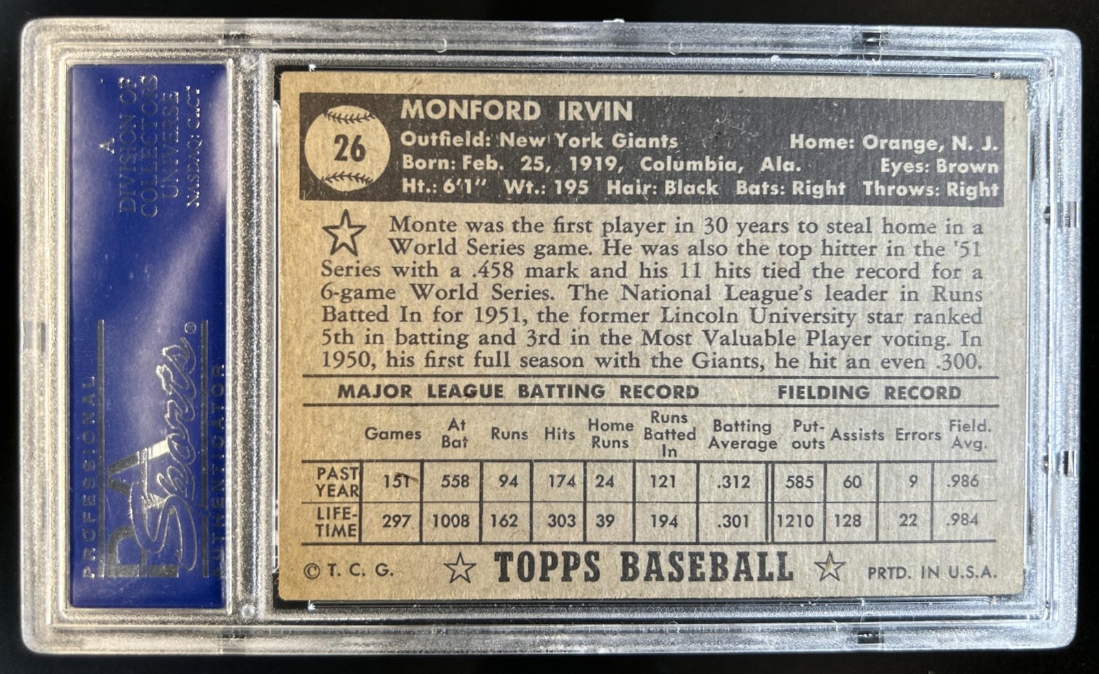 1952 Topps Monte Irvin #26 Giants PSA 5 view 2