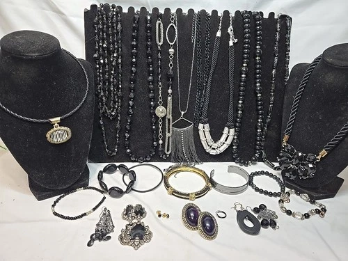 Vtg Now Black Mixed Bulk Costume Jewelry Lot Necklaces Bracelets Earrings #1002
