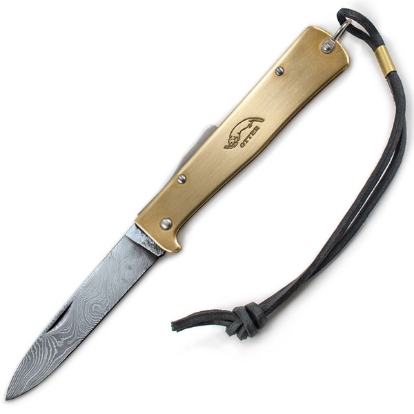 Otter Mercator - Messing Taschenmesser Mit Edler Damastklinge Und Lederband-image