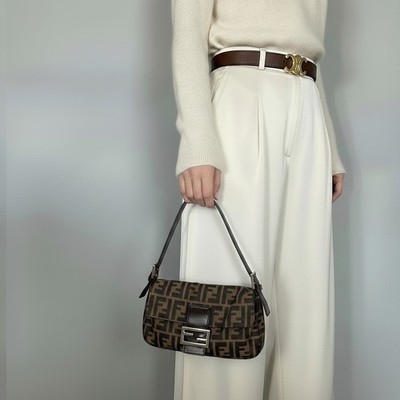 FENDI Mamma Baguette Zucca Canvas Hand Bag Brown Canvas