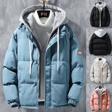 Fashion Hooded Jacket Men Winter Windproof Thickened Fake Two-piece Coat Solid L