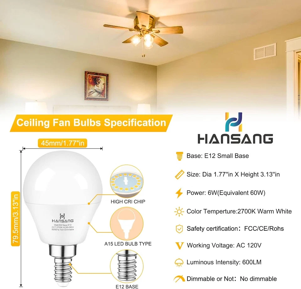 6 Watt (60W Equivalent) LED Bulbs, E12 Small Base Candelabra round Light Bulb, 6 - Image 2 of 4