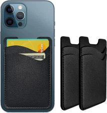 Leather Phone Wallet Stick-On Card Holder for iPhone Samsung 2-Pack Black