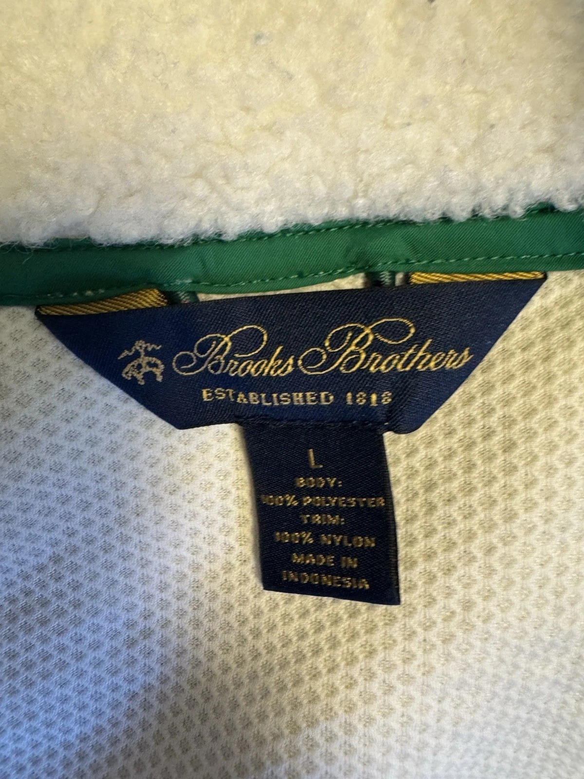 Brooks Brothers Ivory/Green Fleece Vest Full Zip Stand-Up Collar Pockets Men L - product detail image 2
