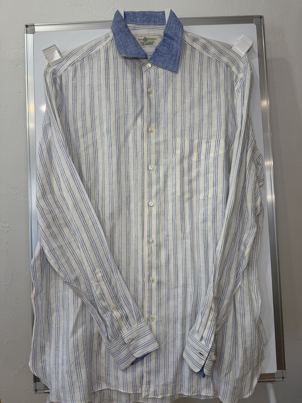 EUC Linen Borrelli Napoli Italy Blue White Stripe Check Button Down Shirt L/S XL