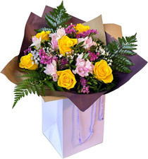 Astonishing Fresh Bouquet Yellow Roses Purple Limonium, Bright Flowers | Distinc