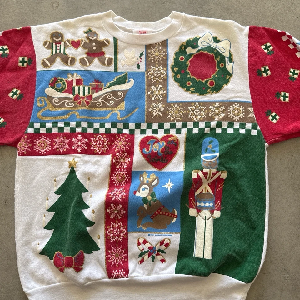 De colección Años 80 Jane Colby Blanco Multicolor AOP Navidad Cuello Redondo Hecho en EE. UU. Foto 4 de 4