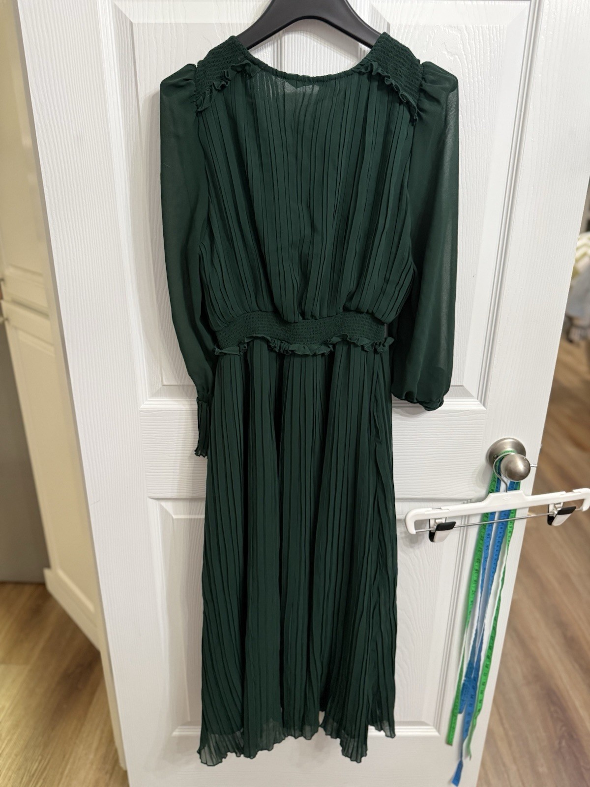 Zara Forest Green Pleated Midi Dress Smocked Waist Sheer Sleeves M thumbnail 5