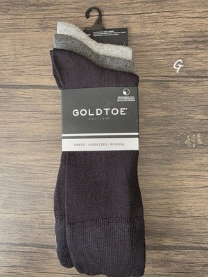 GOLD TOE Edition 3 Pairs Dress Socks , Solid Black / Grey Mens Crew Sz 6-12.5