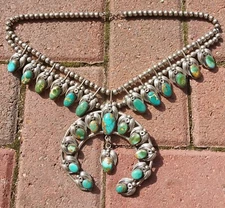 23" Navajo Annie Chapo "A" Green Turquoise 3.5" Naja Squash Blossom Necklace 