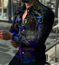 Camisa abotonada Manga Larga Moda Para Hombre Blusa Con Botones tigre azul Tee
