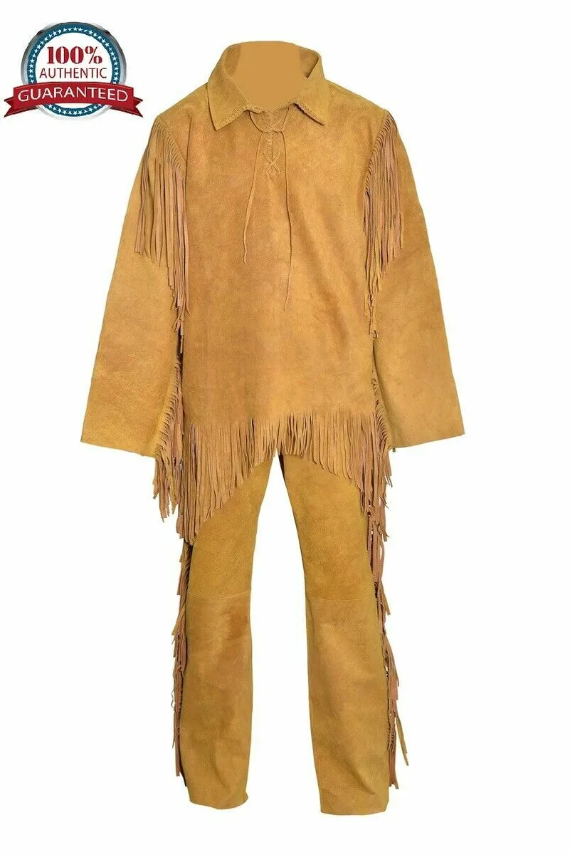 Men's Native American Buckskin Bucksin Suede Leather Fringe War Shirt Pants  Suit