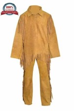 Men's Native American Buckskin Bucksin Suede Leather Fringe War Shirt Pants Suit