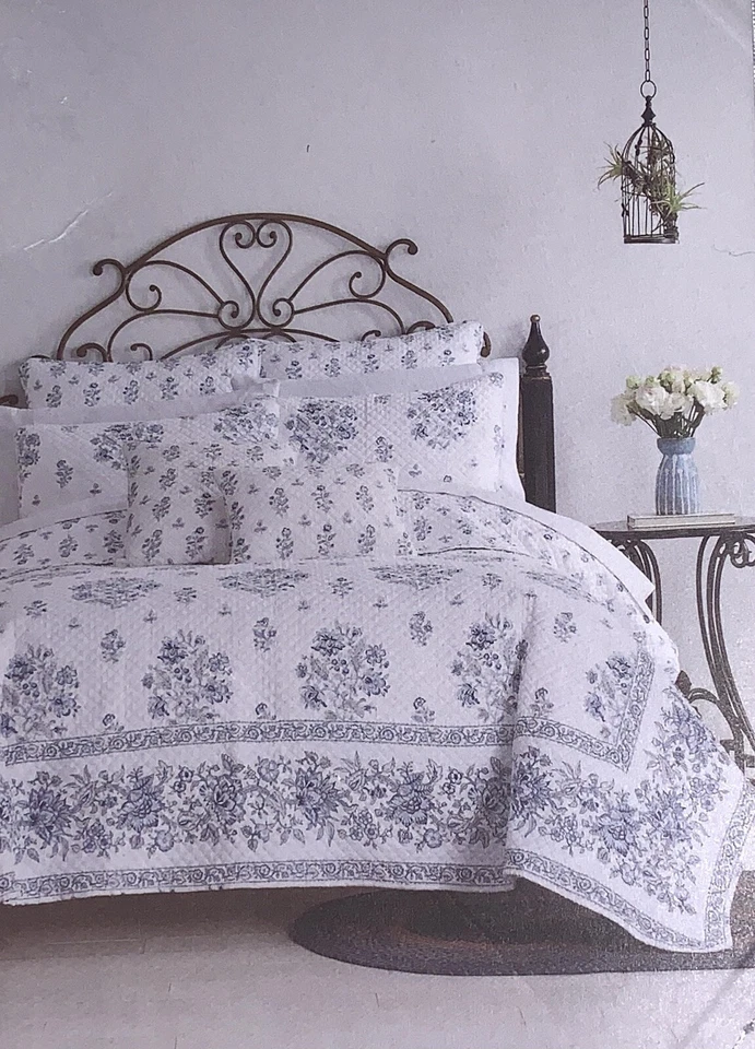 NUEVO Edredón Nicole Miller Blanco Azul Floral Completo/Reina Algodón con Borde Trozado Foto 3 de 4