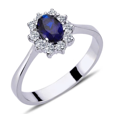 Halo Diamant Oval Saphir Entourage Ring 14 Karat Weißgold - Bild 1 von 3