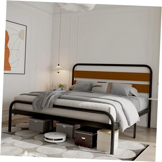 Bed Frame Size Platform Bed Frame with Wood Headboard, Heavy Queen Light Brown-image