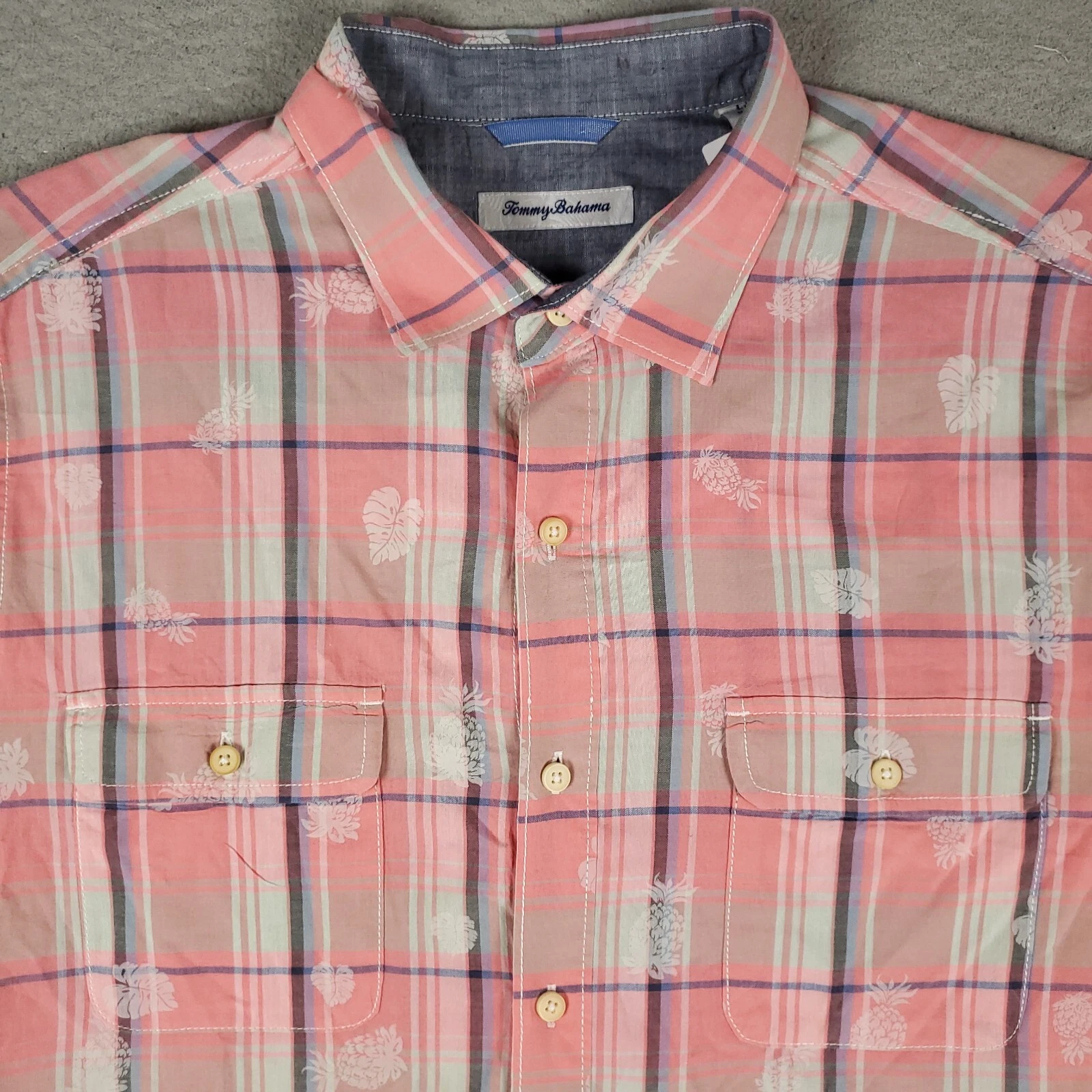 Tommy Bahama Shirt Mens Large Pink Plaid Cotton Button Up Short Sleeve