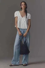 Anthropologie Pilcro Puff-Sleeve V-Neck Swing Blouse Top Vanilla Short Sleeve M