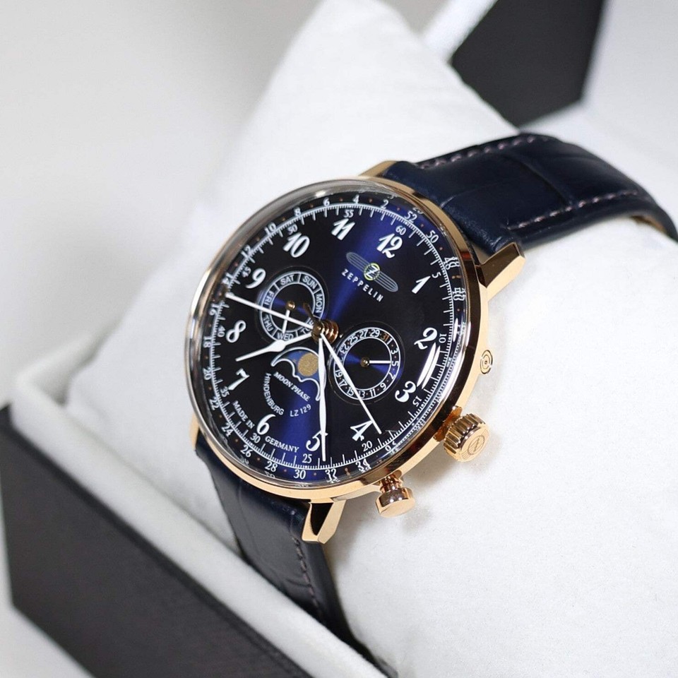 Zeppelin Orologio Da Uomo 7038-3 - Pelle Blu, Quarzo, Fasi Lunari