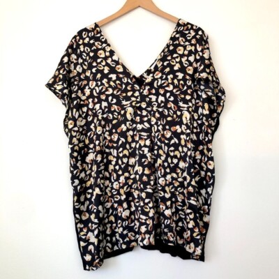 ADDITION ELLE Plus Size Black Cream Cheetah Leopard Animal Mixed Media Blouse 2X