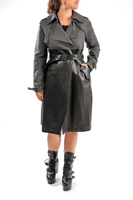 YSL Yves Saint Laurent Black Leather Virgin Wool Open Belted Coat Jacket  38