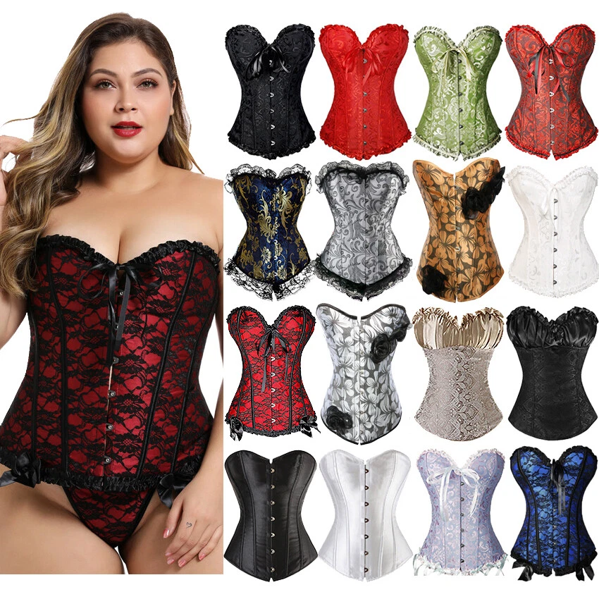 Plus Size Satin Bustier Corsets Gothic Lace Up Overbust Boned Waist Trainer  Top