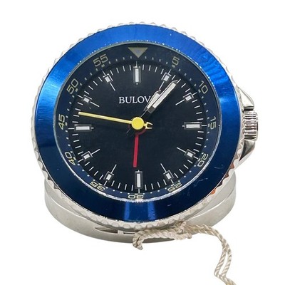 NEW Bulova Stainless Steel Travel Table Alarm Clock Blue Bezel Desk RUNNING