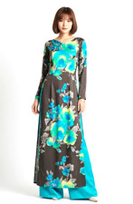 NWOT Custom Design Black Multi Floral Print Ao Dai Size M