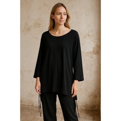 Wynne Layers Top Womens 1X Black Tunic Modal Stretch Open Tie Side Slits Plus